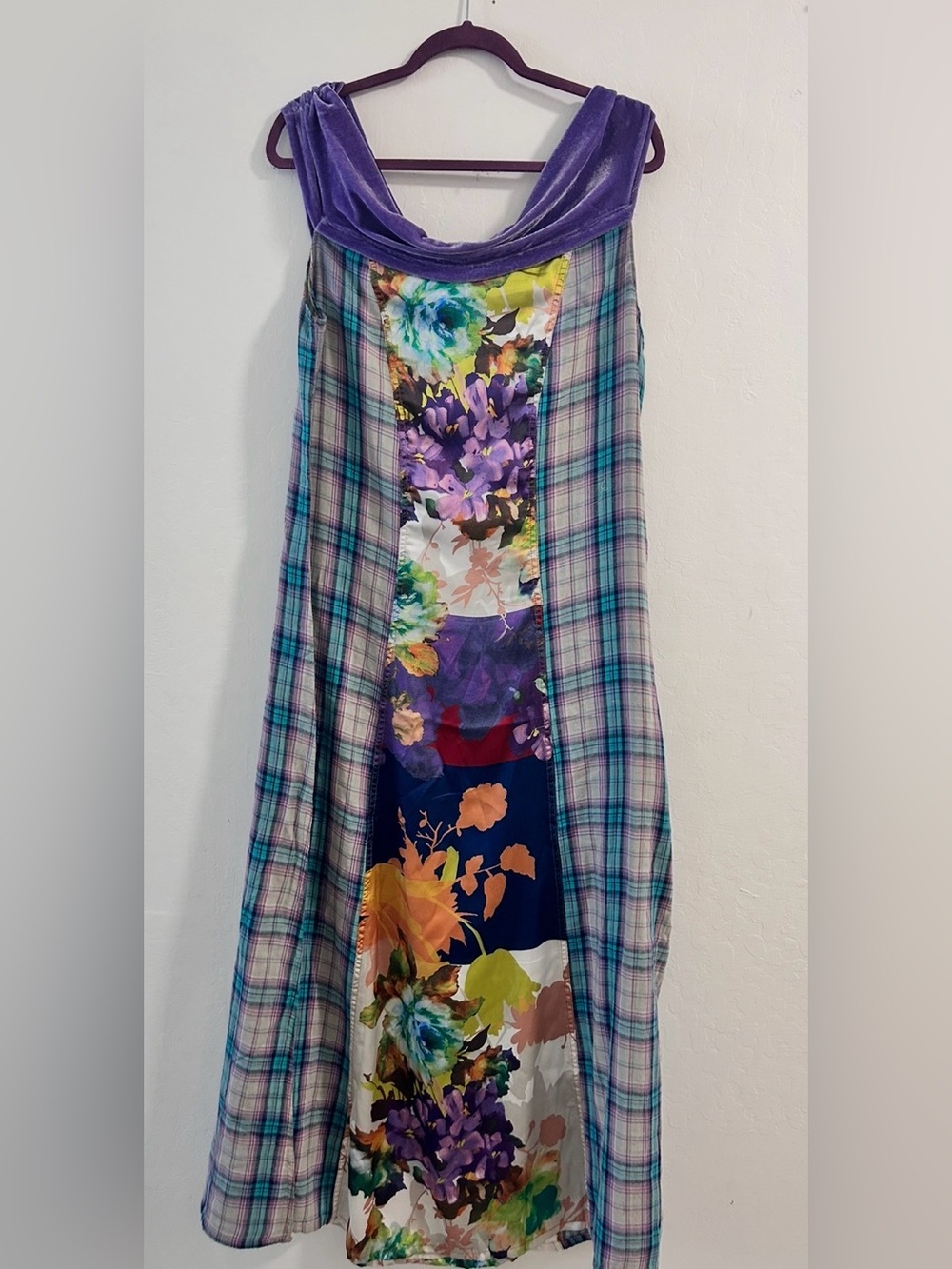 ARRATA Sleeveless Mixed-Print Maxi Dress in Aqua Floral and Plaid